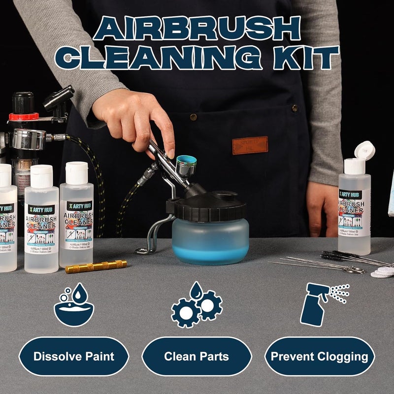 X ARTY HUB Airbrush Cleaning Kit - 4 * 4.05 fl oz / 120 ml Airbrush Cleaner with Glass Cleaning Pot, Easily Handle Water-Based and Acrylic Paints, for Airbrushes & Other Artistic Tools - Image 2